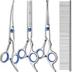Kit profesional 4 en 1 de tijeras de aseo para perros y gatos con puntas redondas de seguridad, afiladas y duraderas, tijeras para perros para aseo – Incluye tijeras rectas y curvas, adelgazantes y