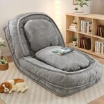 Upholstered Human Dog Bed for Adult & Pets, Convertible Lazy Sofa Bed with 5 Adjustable Position, Comfy Tatami Bean Bag Lounge Chair with 2 Soft Pillows for Bedroom Living Room Office (Beige)